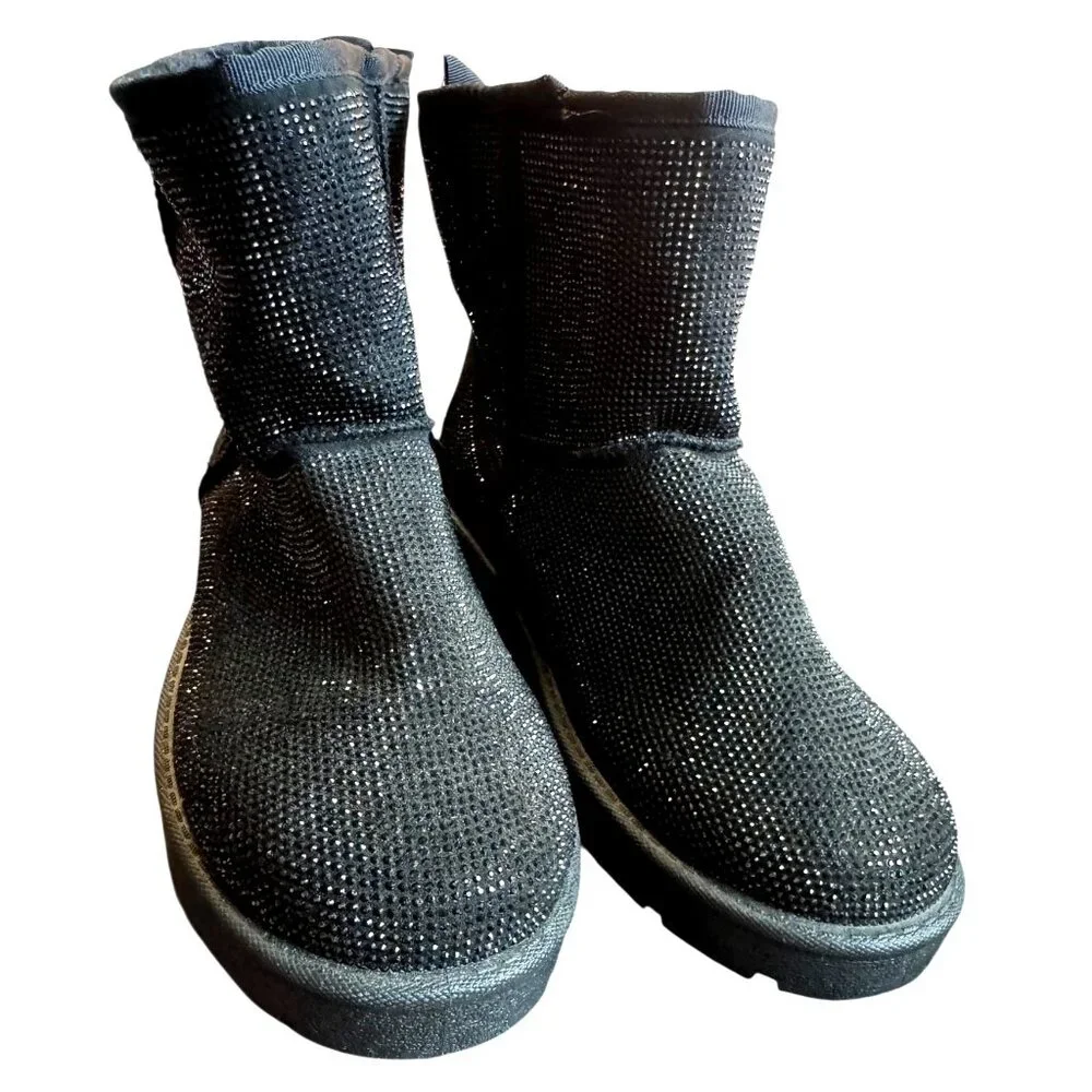 Torrid Black Rhinestone Glitter Winter Boots With Faux Fur Lining Women's 10 NWO